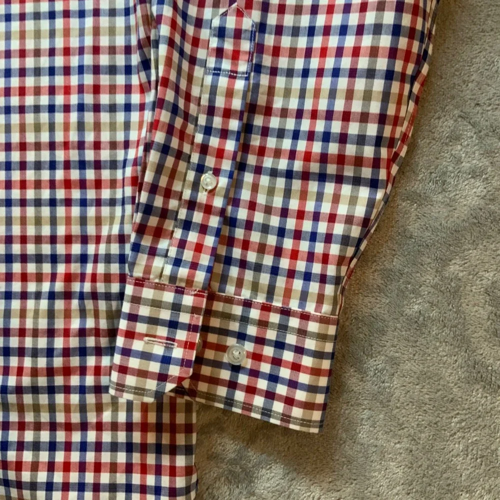 Banana Republic Grant Fit Shirt Mens Large Red Blue Gingham NoIron Stretch Shirt
